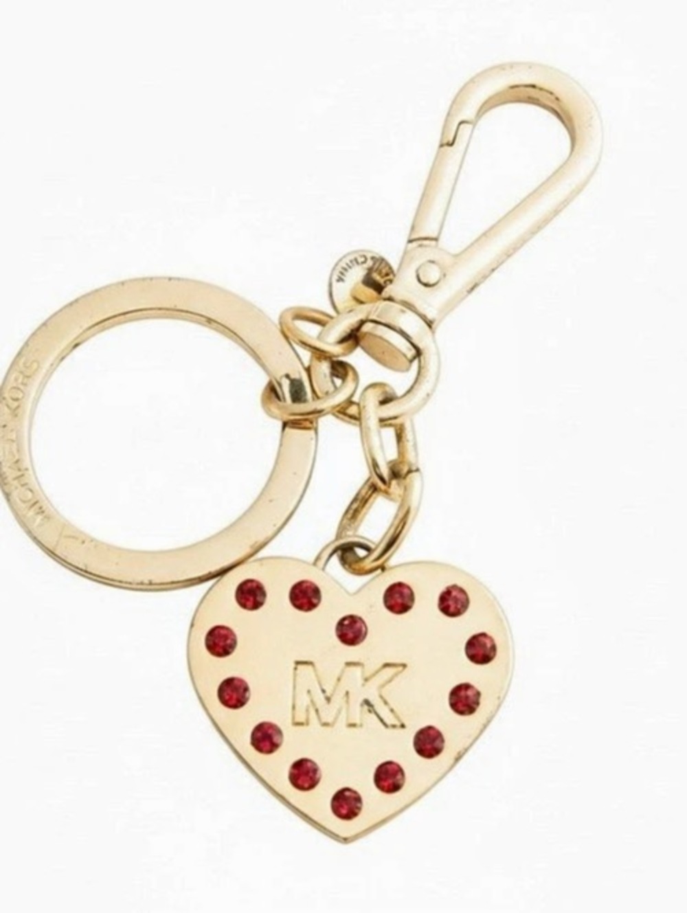 Michael Kors Gold-Tone Red Rhinestone Heart Keyring Bag Charm